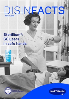 Cover mit einer alten Sterillium-Werbung, die eine Krankenschwester und ein krankes Kind im Krankenhausbett zeigt.