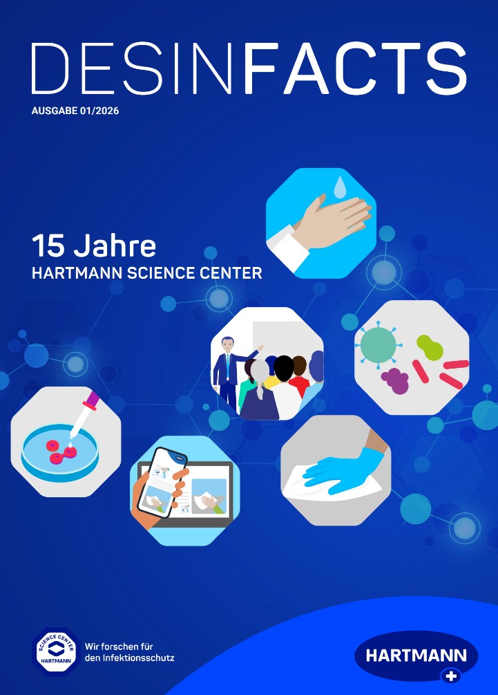 Titelseite des DISINFACTS-Magazins mit einer Illustration zum 15-jährigen Bestehens des HARTMANN SCIENCE CENTER