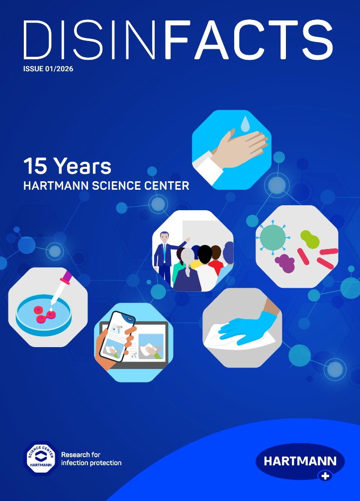 Cover of the DISINFACTS magazine with an illustration showing the celebration of 15 years of HARTMANN SCIENCE CENTER