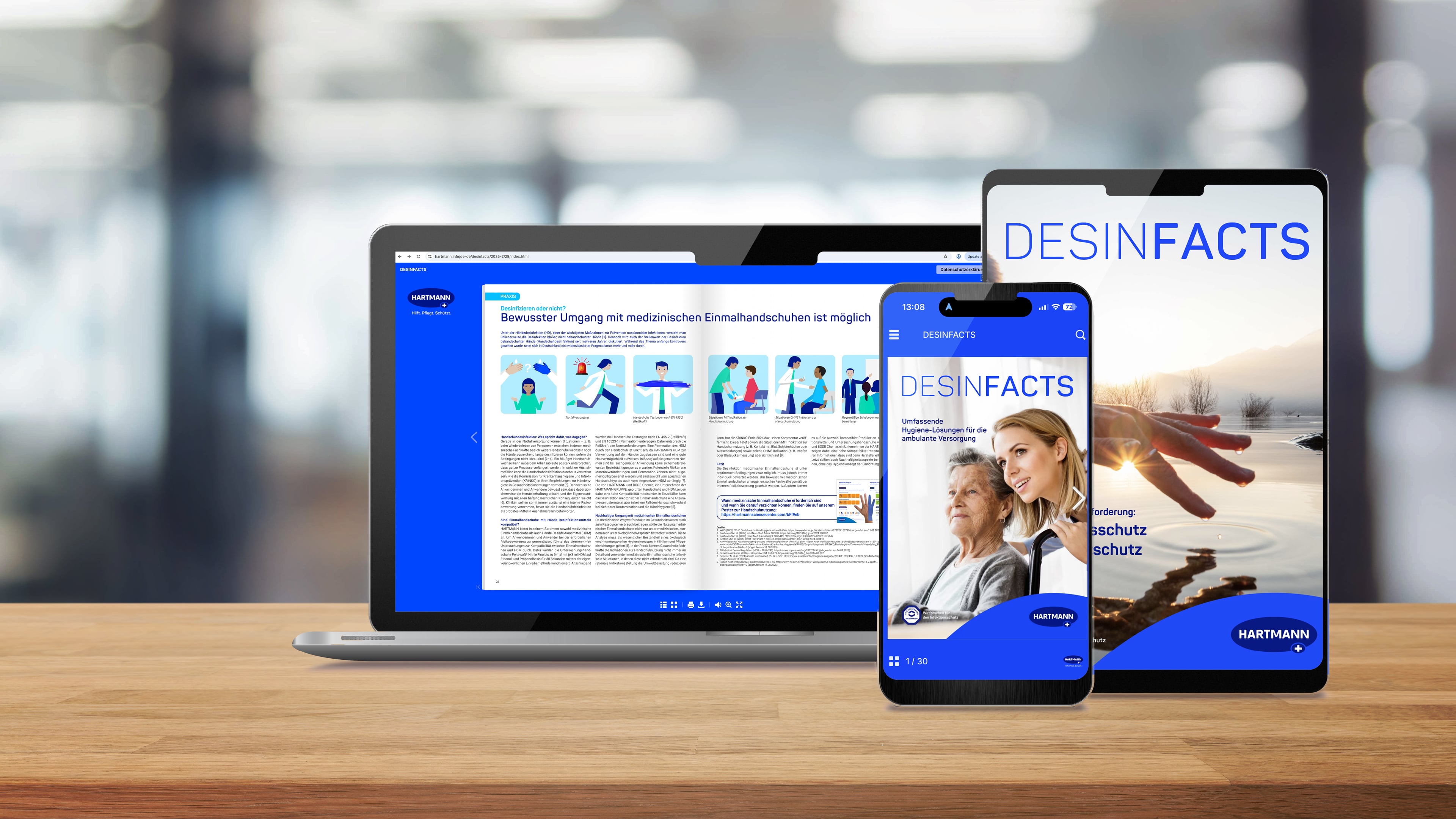 The DESINFACTS magazine on a laptop, tablet and smartphone