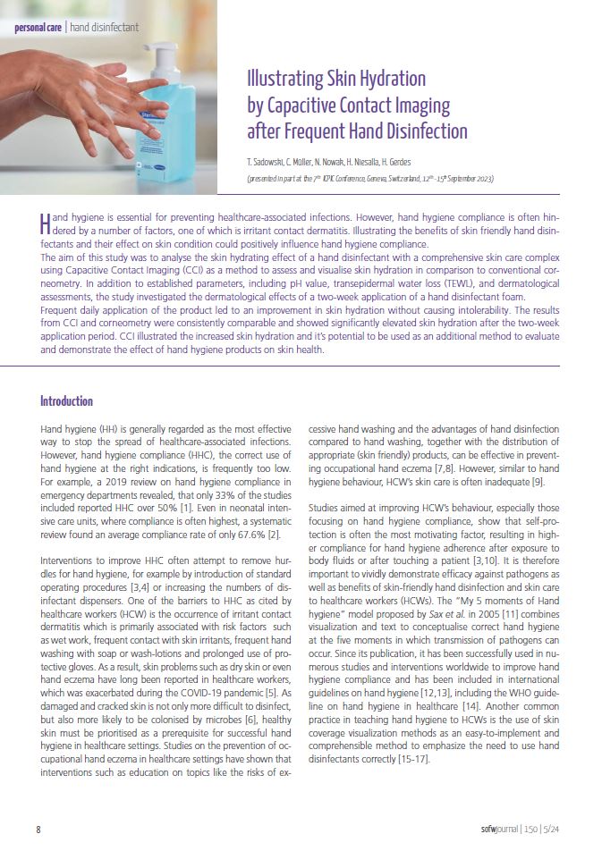 Publication with a picture of a Sterillium foam bottle and disinfecting hands