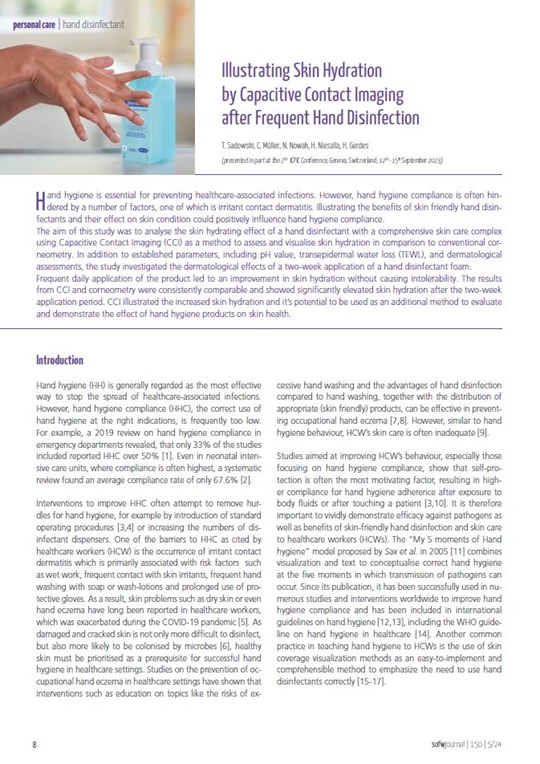 Publication with a picture of a Sterillium foam bottle and disinfecting hands