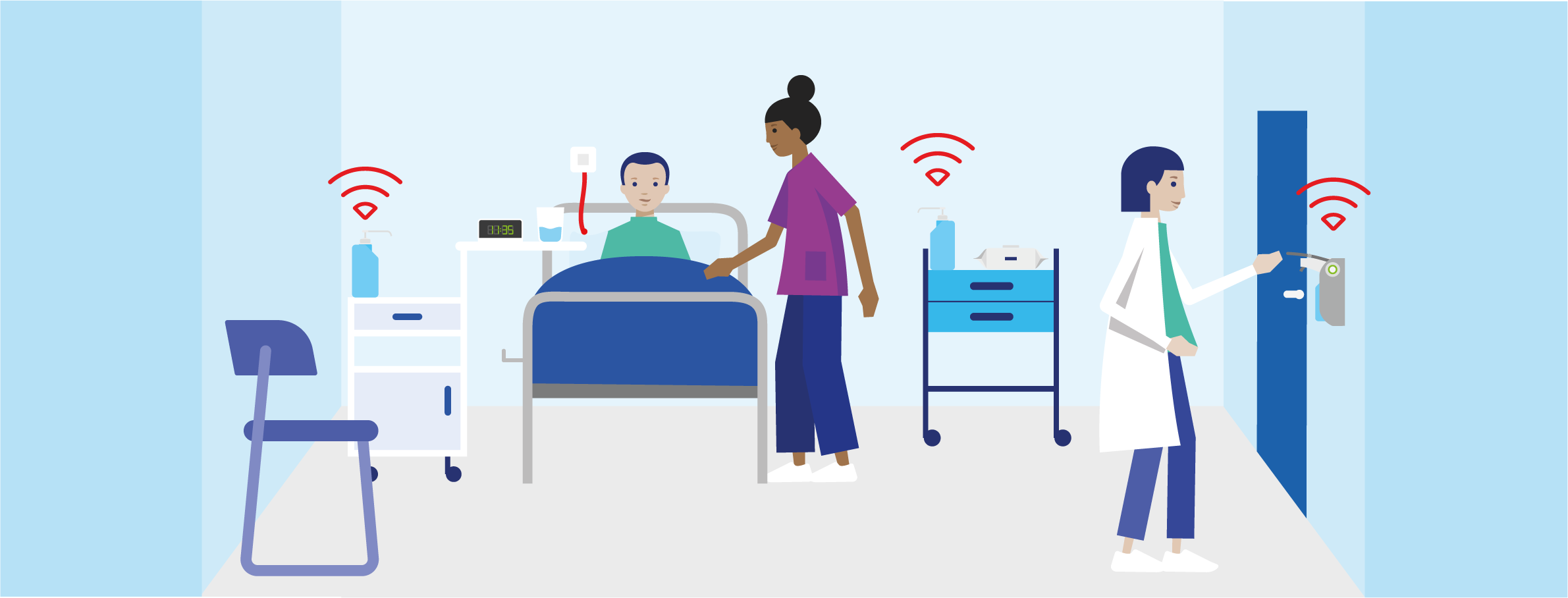 Graphic animation of the localisation of hand disinfection dispenser in a patient room