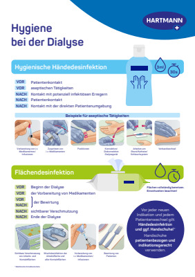 Poster in A2 and CMYK showing the indications for hand disinfection during dialysis procedure