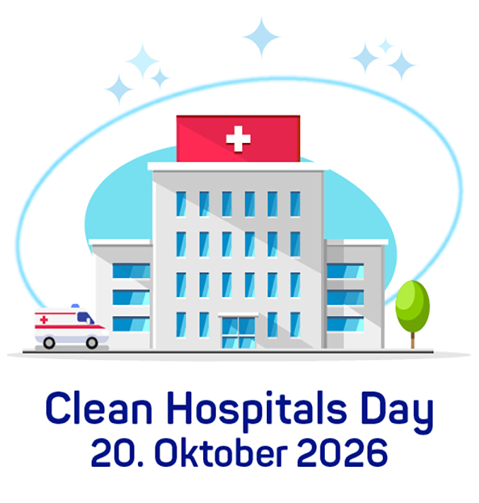 Illustrated image of a hospital building with an ambulance and a tree and white background and small blue stars at the top.