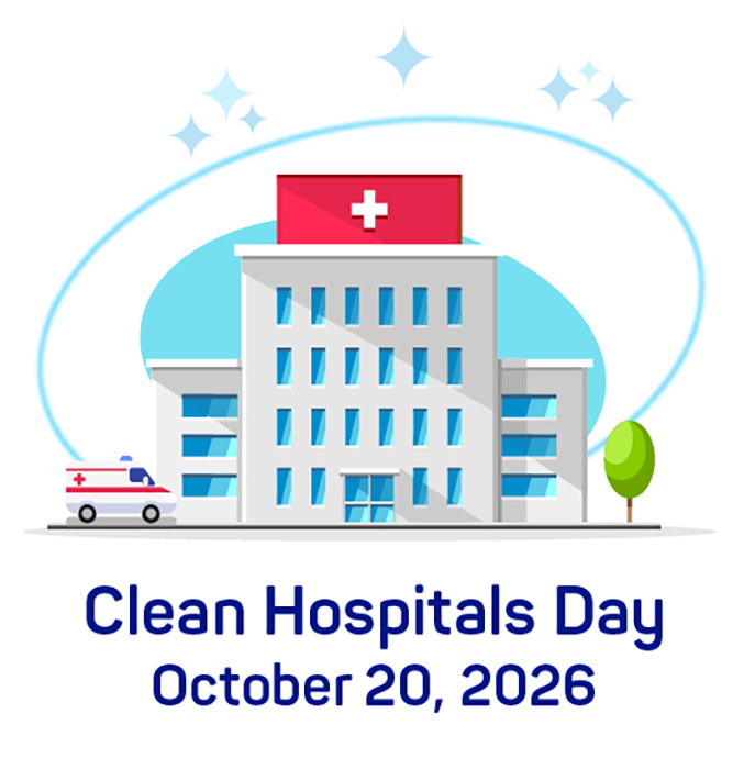Illustrated image of a hospital building with an ambulance and a tree and white background and small blue stars at the top.