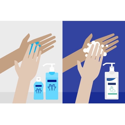 Illustrated picture with hand disinfection on one side and hand washing on the other side.
