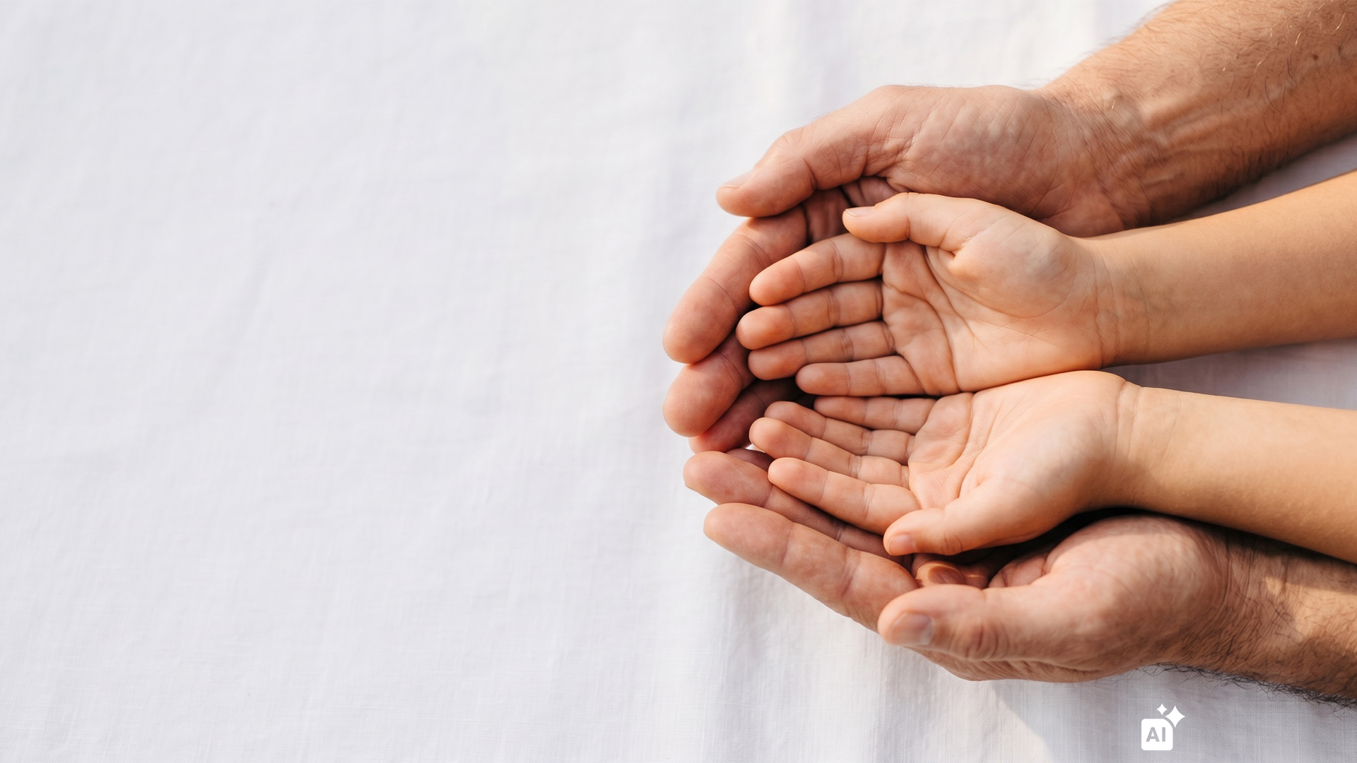 Cupped hands of different sizes layered together, symbolizing care, support, and protection.