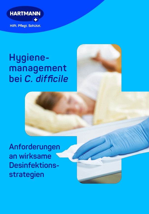 Cover of a flyer showing a hand disinfecting the surface with a wipe and a patient bed in the background 