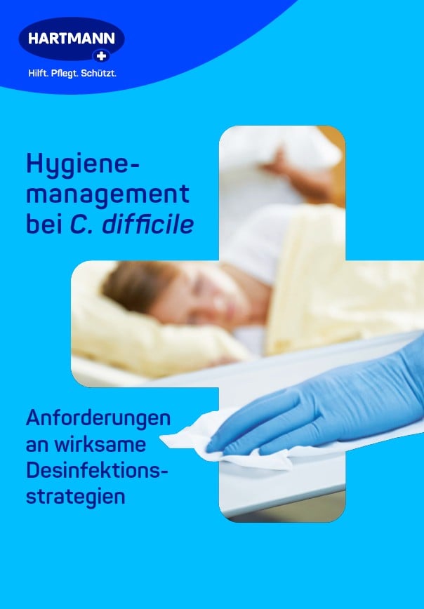 Cover of a flyer showing a hand disinfecting the surface with a wipe and a patient bed in the background
