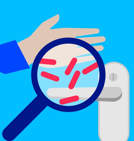 Illustration of a magnifying glass showing pathogens on a hand