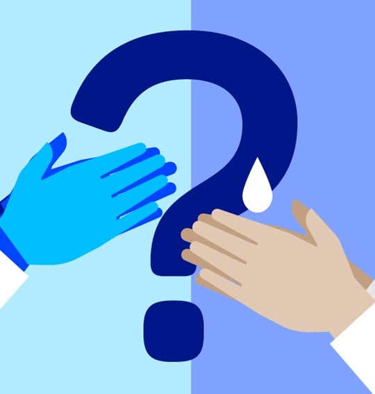 Hand hygiene illustration with a question mark between a gloved and an ungloved hand.