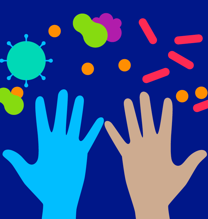  Illustration for Infection Prevention Week 2026: Two raised hands, one wearing a protective glove, surrounded by stylized microorganisms and bacteria on a blue background. Text: “Infection Prevention Week 2026”.