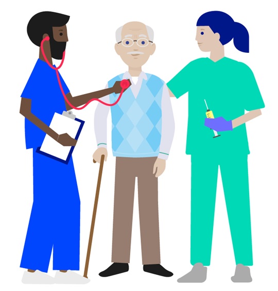 Graphic illustration showing an elderly man and two nurses in working clothes next to him