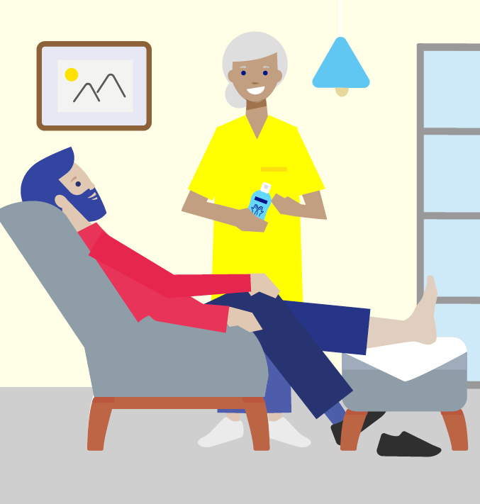 Illustrated image with a nurse in yellow and a patient sitting on a chair in a room.