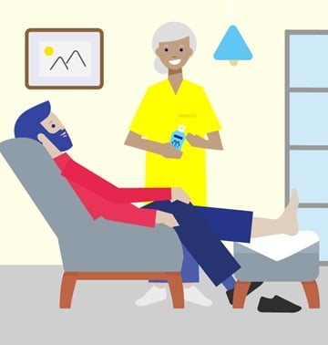 Illustrated image with a nurse in yellow and a patient sitting on a chair in a room.