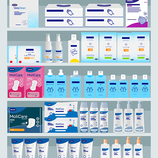 Illustrated image of a shelf with different HARTMANN products