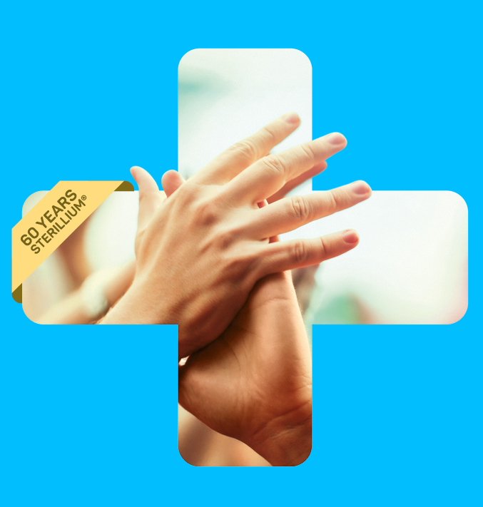Two hands touching in the plus. Blue background. Banner with 60 years Sterillium.