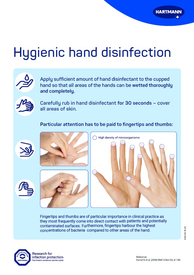 Cover image Poster Hygienic hand disinfection in English.