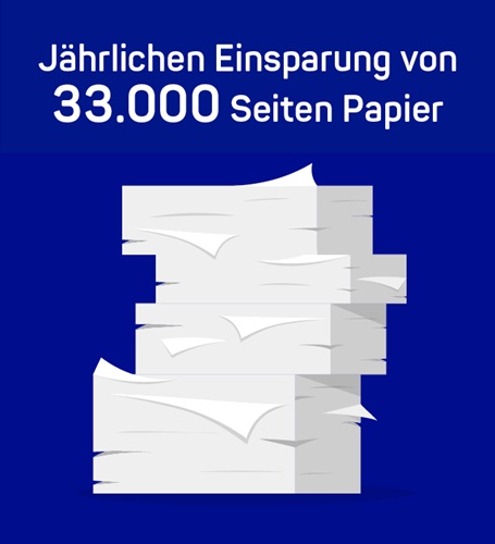 Illustrated picture with paper and text, blue background.
