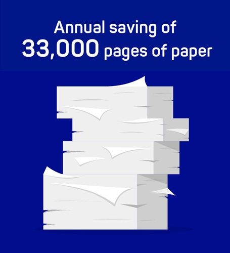 Illustrated picture with paper and text, blue background.