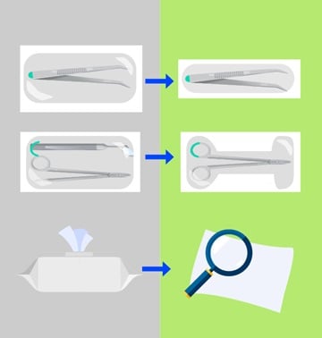 Illustrated image with a grey section and light green section with products.