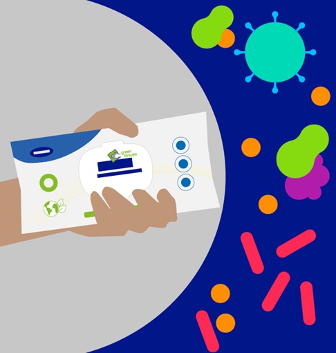 Illustrated hand holding a tissue package against germs