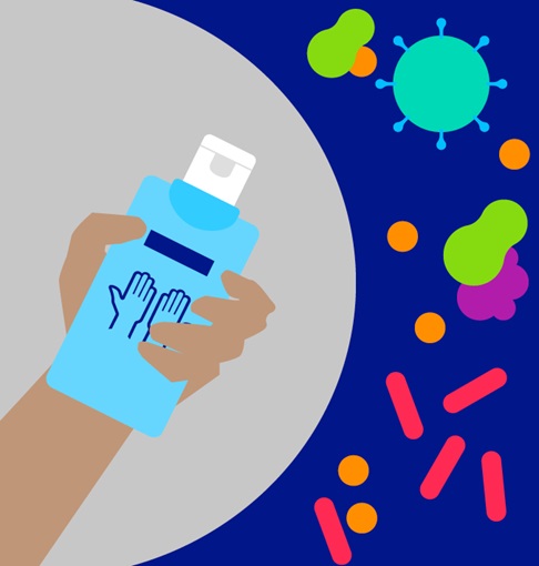 Illustrated hand holding a bottle of disinfection against germs