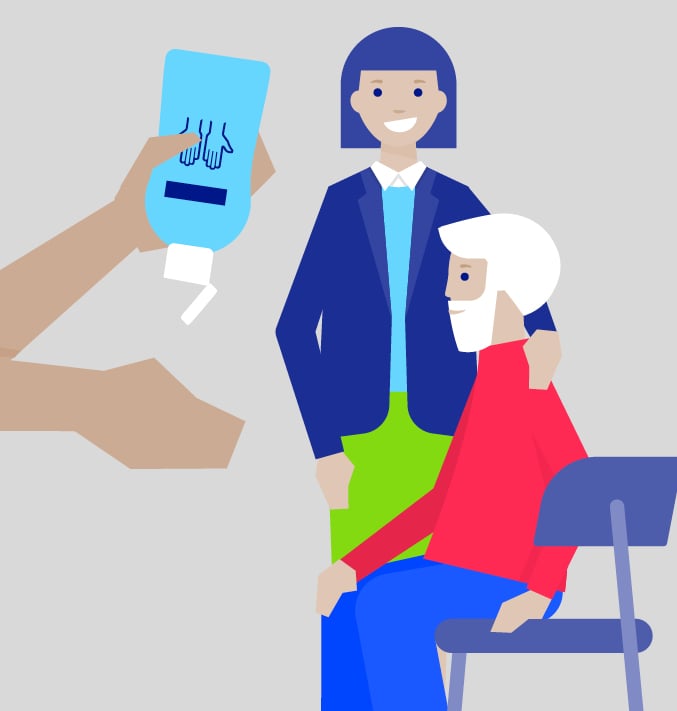 Two illustrated persons, one sitting, one standing and two hands doing a hand disinfection with a light grey background