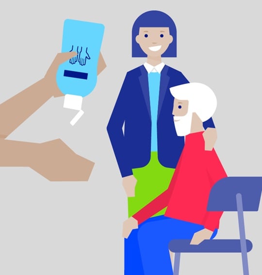 Two illustrated persons, one sitting, one standing and two hands doing a hand disinfection with a light grey background