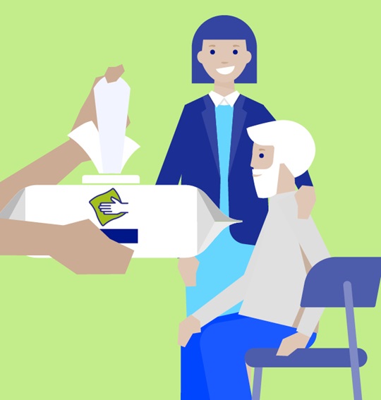 Two illustrated persons, one sitting, one standing and two hands pulling out a tissue with a light green background