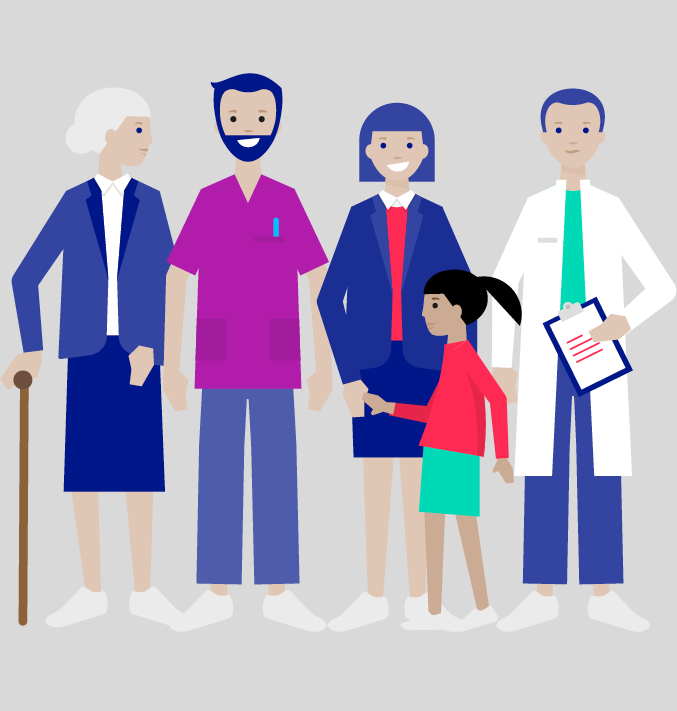Different persons of different age and profession standing next to each other with a light grey background