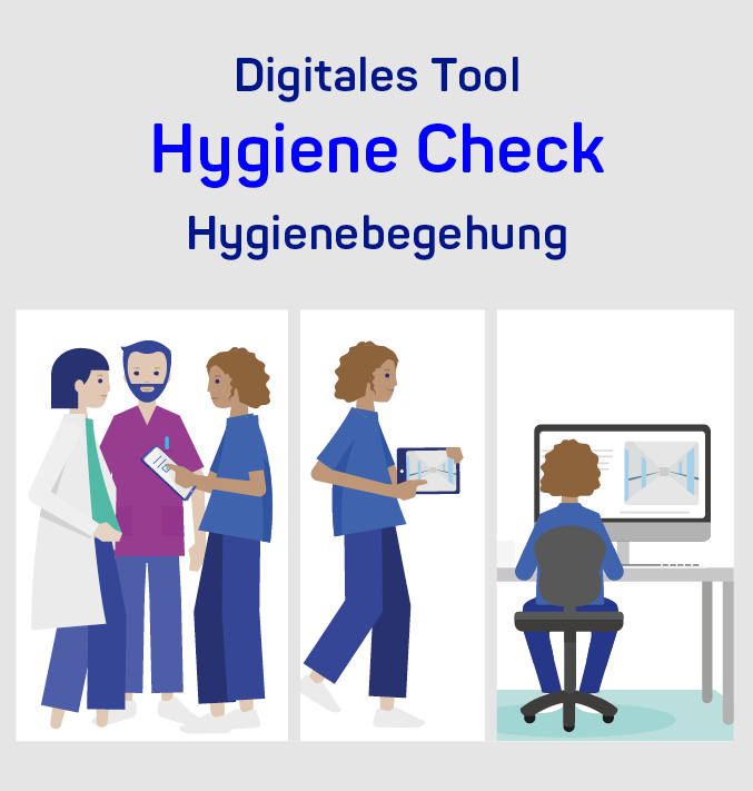 Ein grafisches Motiv, das eine digitale Hygienebegehung im Krankenhaus zeigt