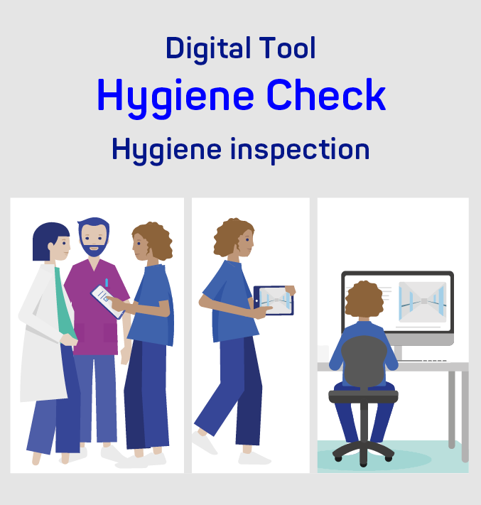 A graphic motif showing a digital hygiene inspection in a hospital