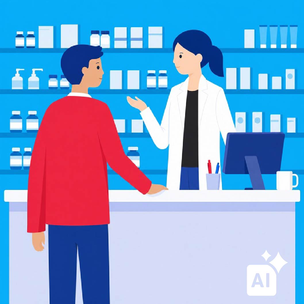 A pharmacist and a patient talking at the counter in a pharmacy