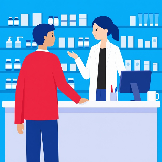 A pharmacist and a patient talking at the counter in a pharmacy