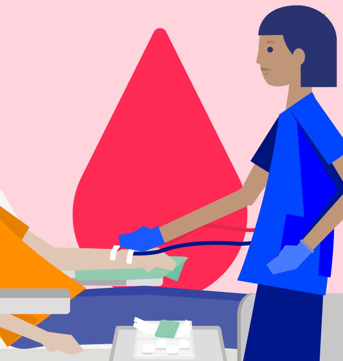 Illustrated woman placing a venous catheter to another person with a light red background and a red drop of blood 