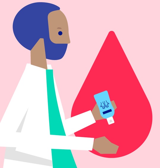 Illustrated doctor applies hand disinfectant to his hand with a light red background and a red drop of blood.