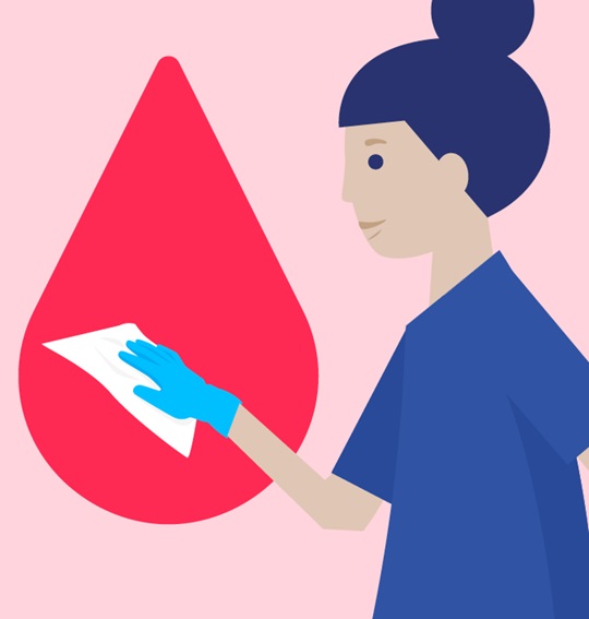 Illustrated nurse wiping with a surface disinfectant tissue with a light red background and a red drop of blood.