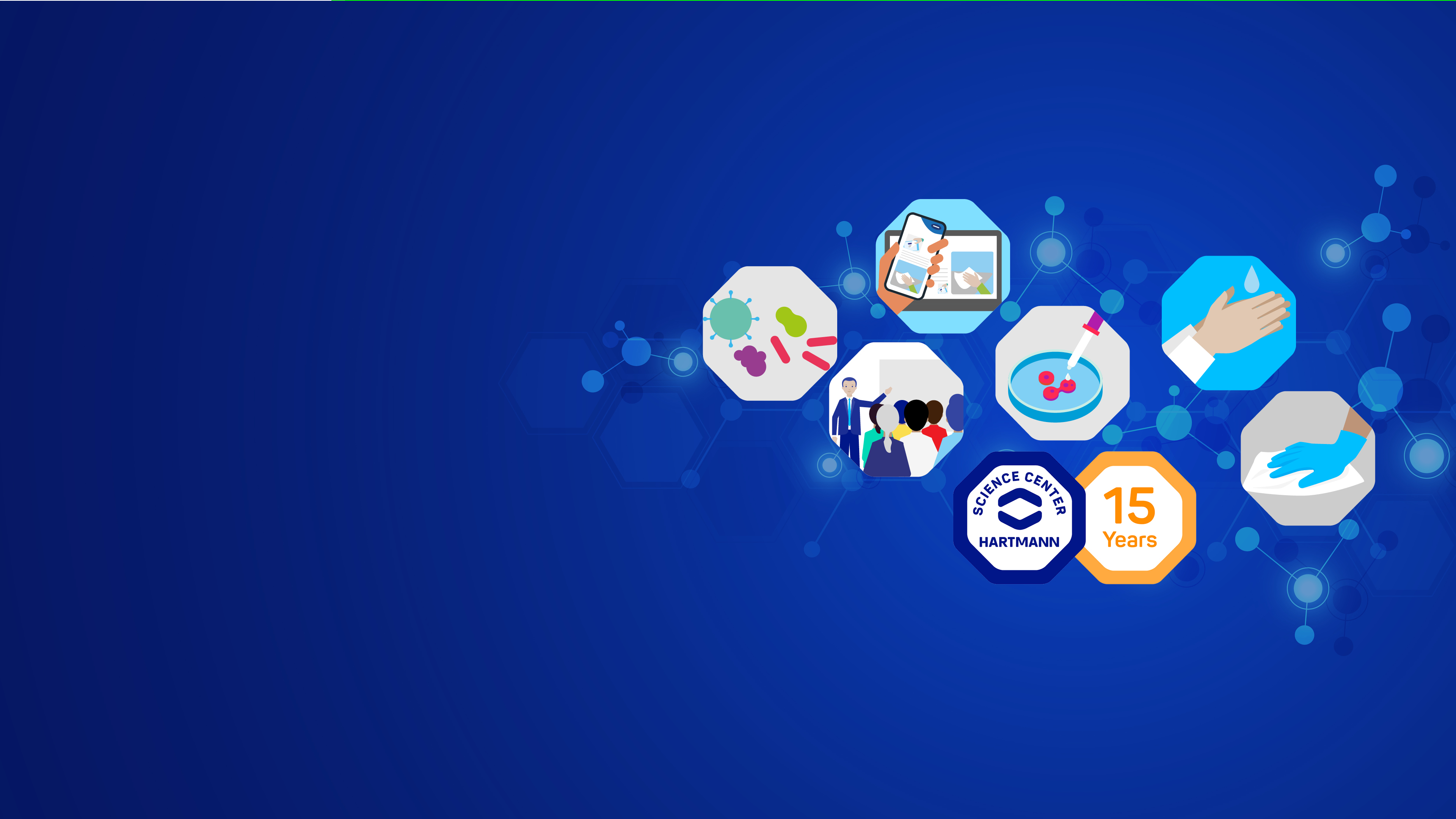 Blue header design featuring the 15th-anniversary HARTMANN SCIENCE CENTER logo