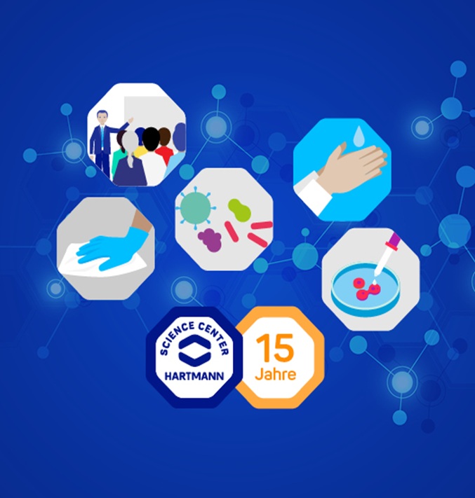 Blaues Headermotiv mit dem 15 Jahre HARTMANN SCIENCE CENTER Signet