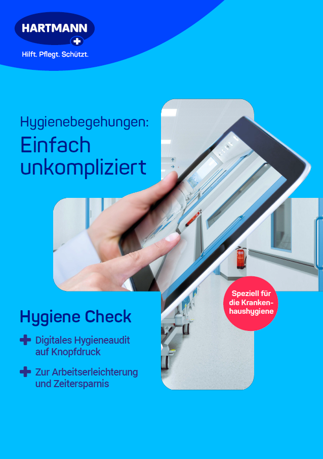 Blue HARTMANN folder with a plus outline showing hands holding a tablet in a hospital