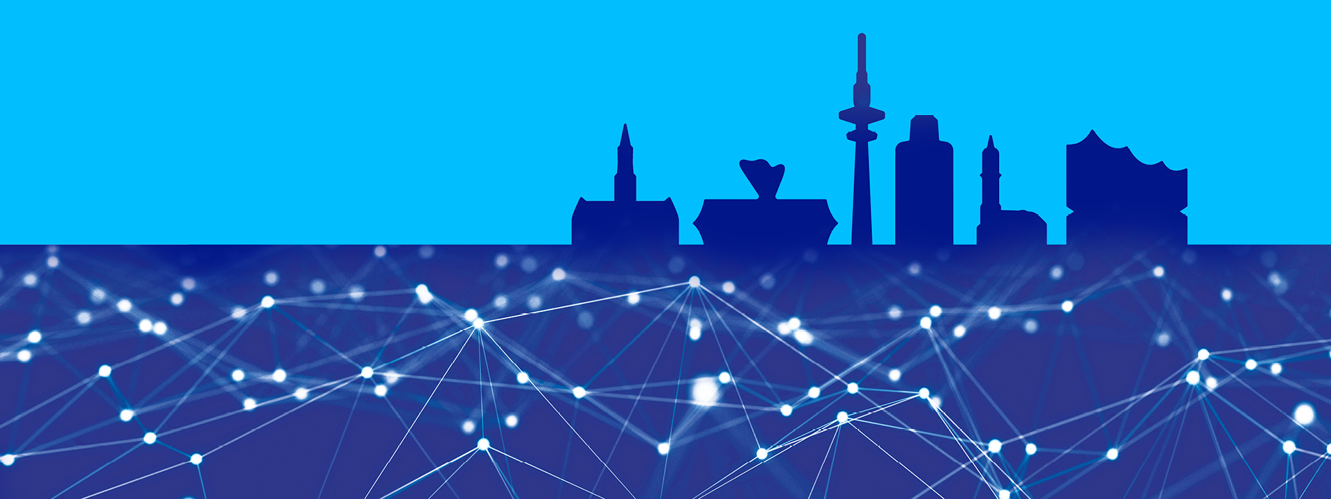 Image showing the skyline of Hamburg with outlines of disinfection products and a graphic network strukcture