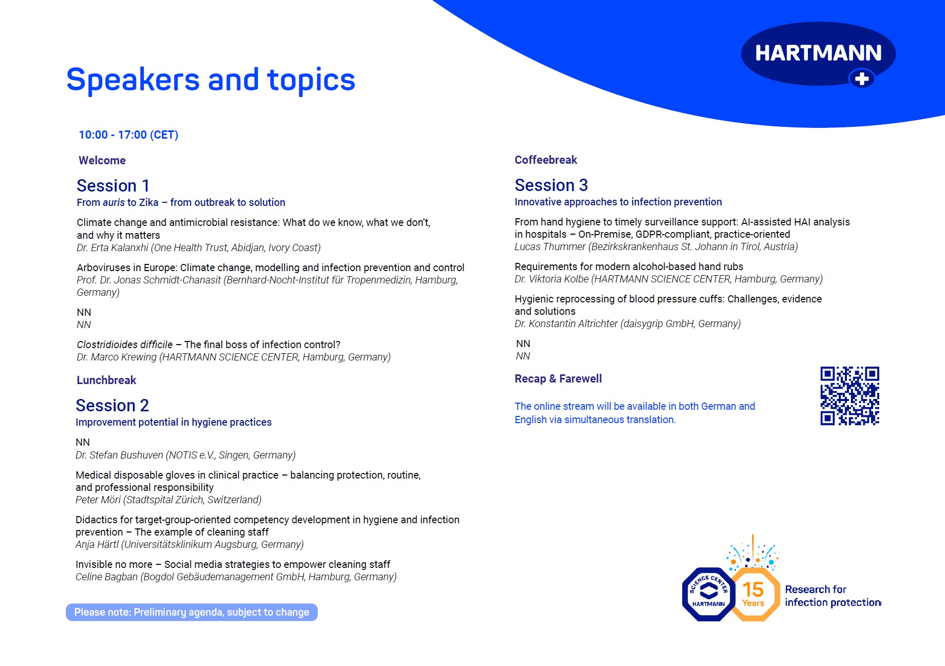 Agenda with the speaker and topics of the HARTMANN SCIENCE CENTER Symposium 2026