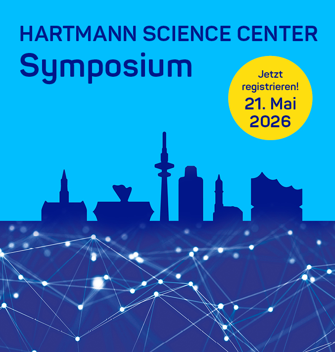 Blaue Skyline von Hamburg mit den Umrissen von Desinfektionsmitteln und dem Titel „HARTMANN SCIENCE CENTER Symposium“