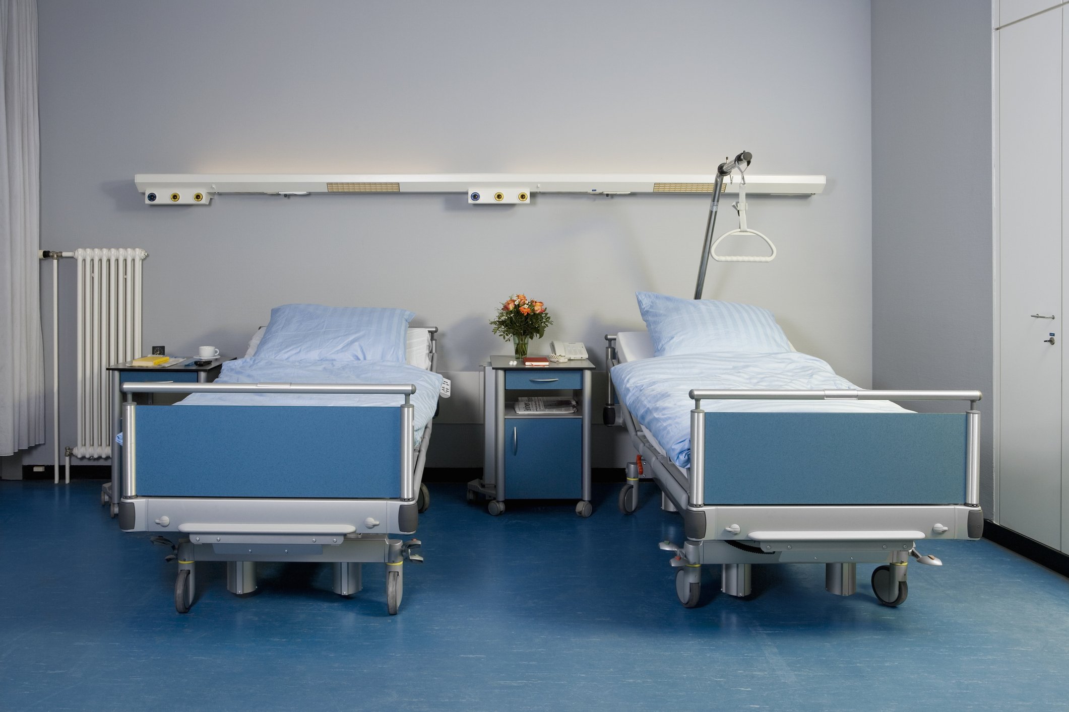 A hospital room with two beds